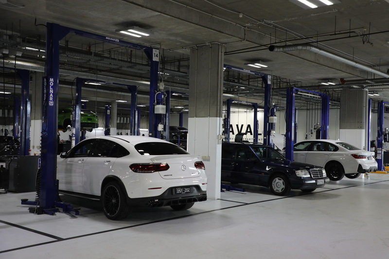 Interior of Cavalo Service Department Workshop showing Mercedes and BMW being worked on